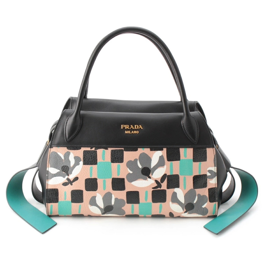 Prada MADRAS Leather Flower Bowling Shoulder Handbag Multicolor